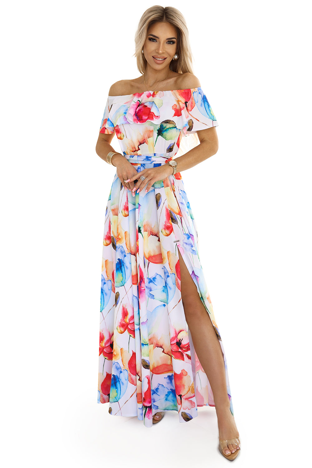 194-5 Long summer dress with a belt - colorful flower pattern ?
