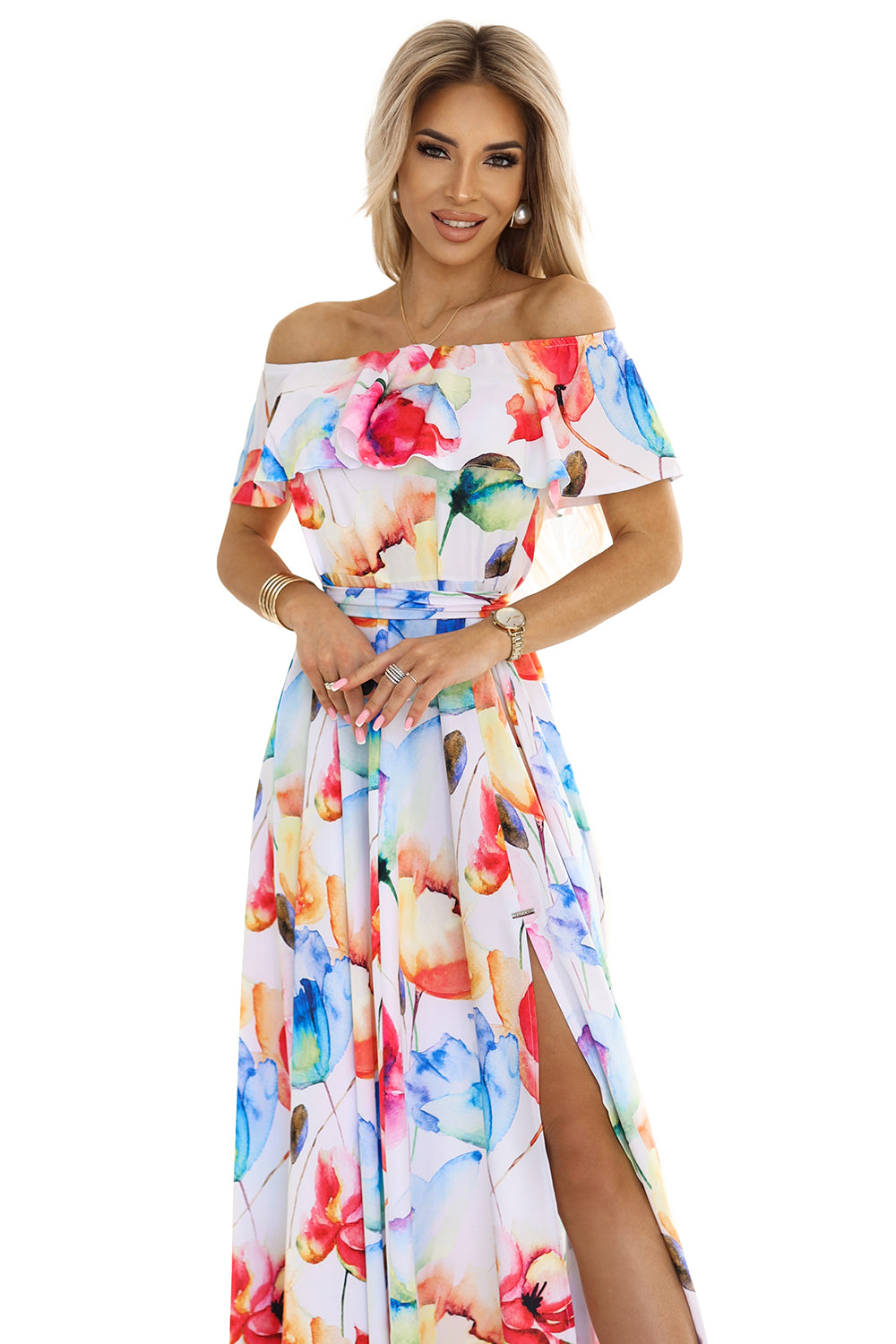 194-5 Long summer dress with a belt - colorful flower pattern ?