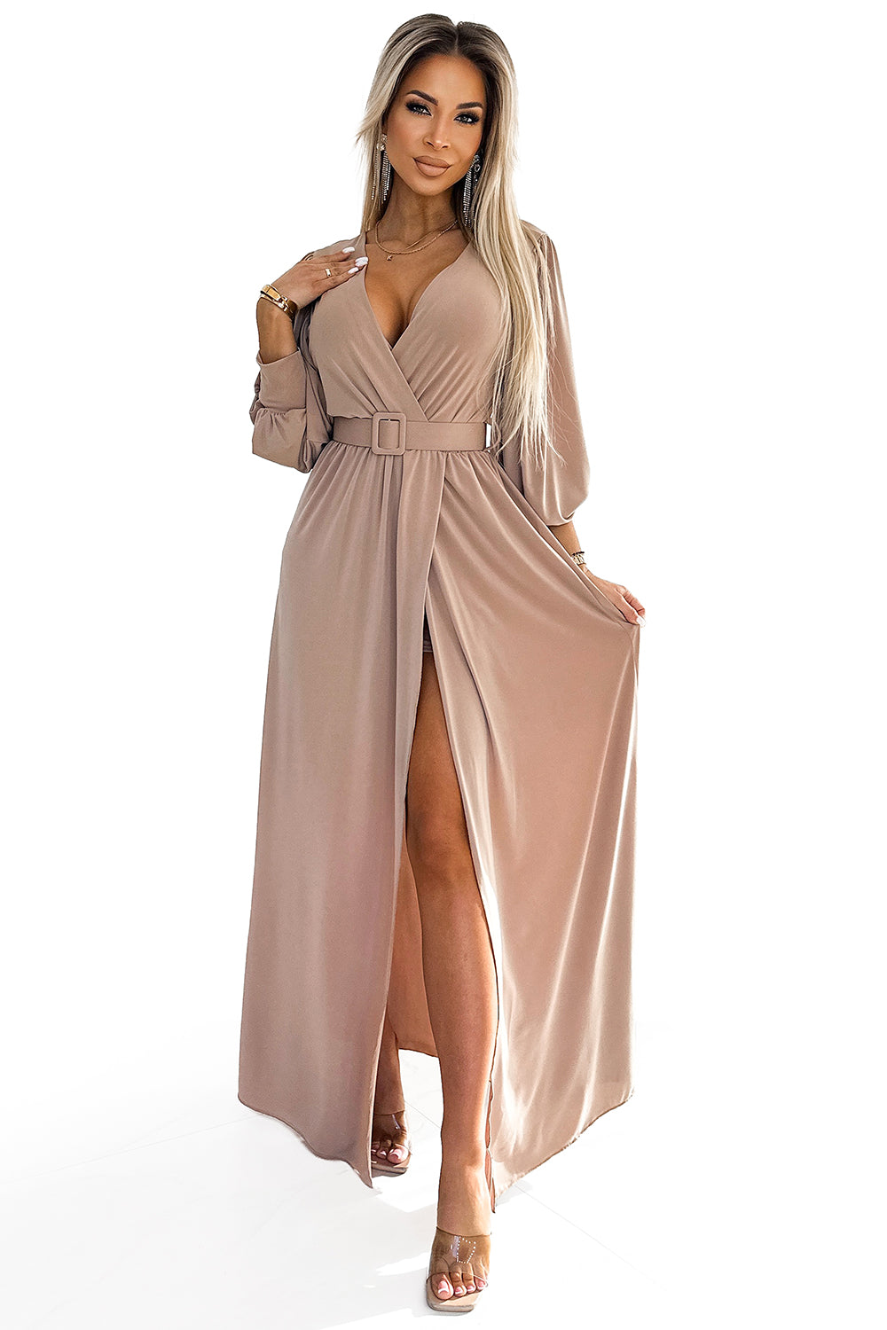 536-2 FIORELLA Long dress with a wide belt and neckline - beige