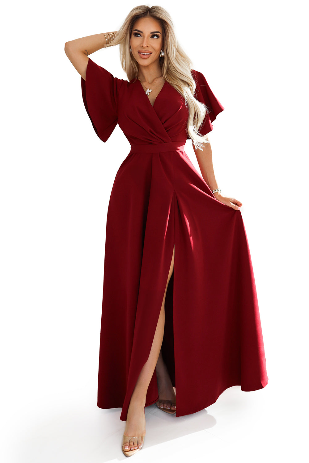 581-2 JENNIFER long dress with leg slit; sleeve and neckline - burgundy color