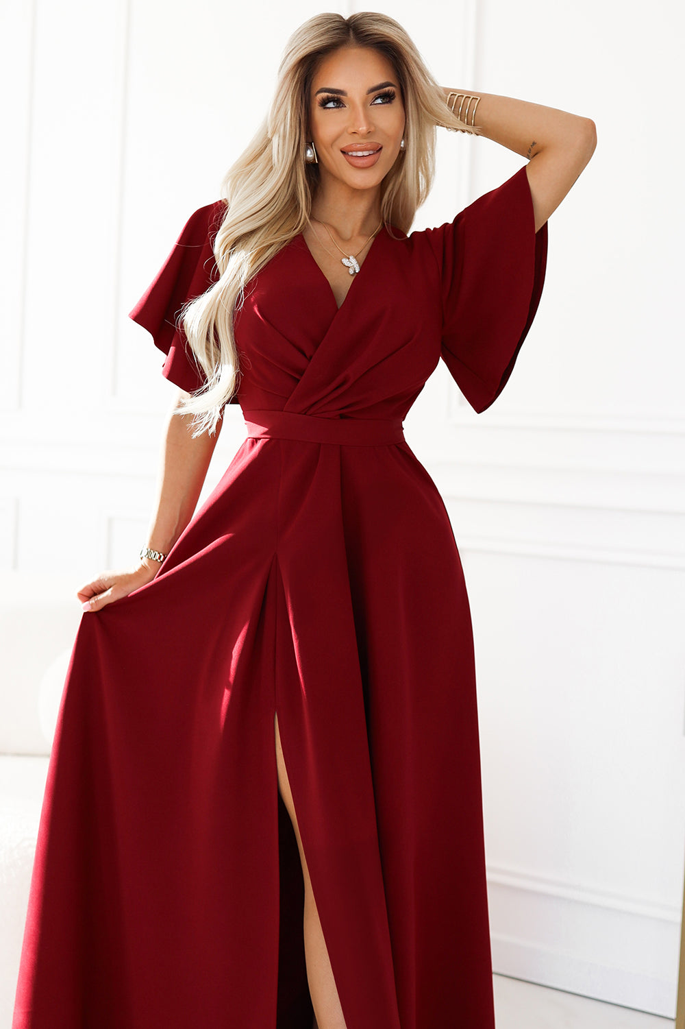 581-2 JENNIFER long dress with leg slit; sleeve and neckline - burgundy color