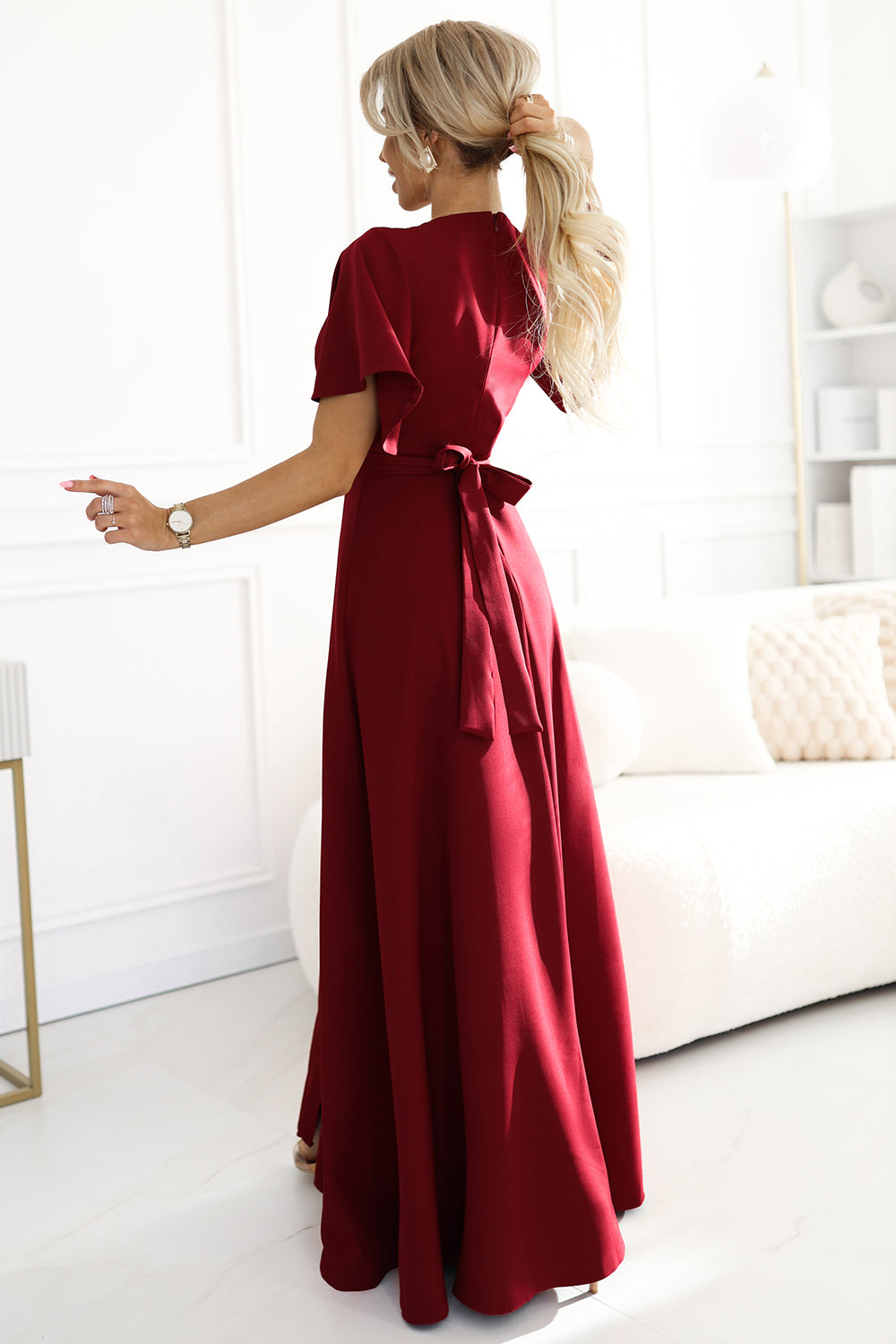 581-2 JENNIFER long dress with leg slit; sleeve and neckline - burgundy color
