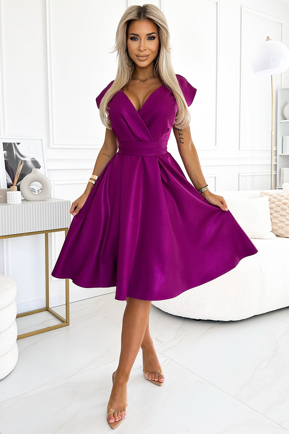 348-8 SCARLETT flared dress with a neckline - fuchsia with glitter
