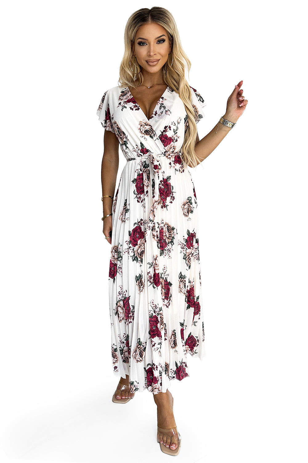 434-8 LISA Pleated midi dress with a neckline and frills - burgundy roses