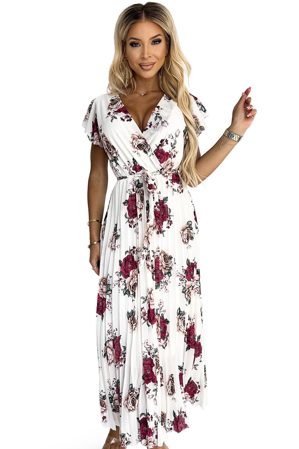 434-8 LISA Pleated midi dress with a neckline and frills - burgundy roses