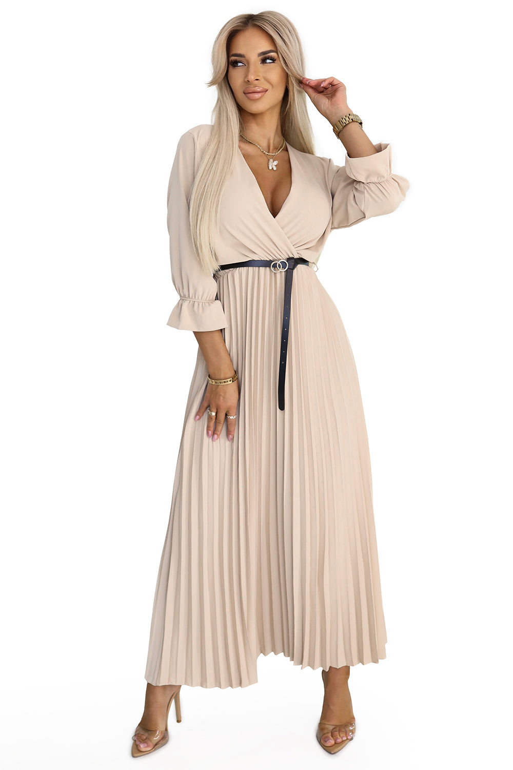 462-5 SERENA Pleated maxi dress with neckline; belt and 3/4 sleeves - DARK BEIGE