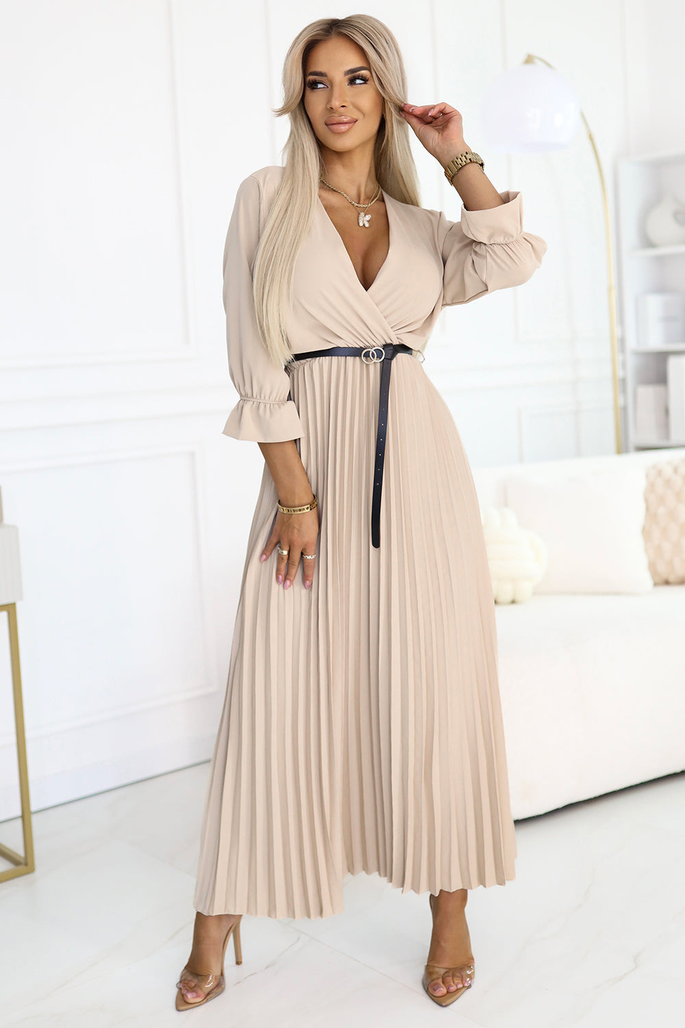 462-5 SERENA Pleated maxi dress with neckline; belt and 3/4 sleeves - DARK BEIGE