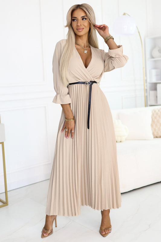 462-5 SERENA Pleated maxi dress with neckline; belt and 3/4 sleeves - DARK BEIGE