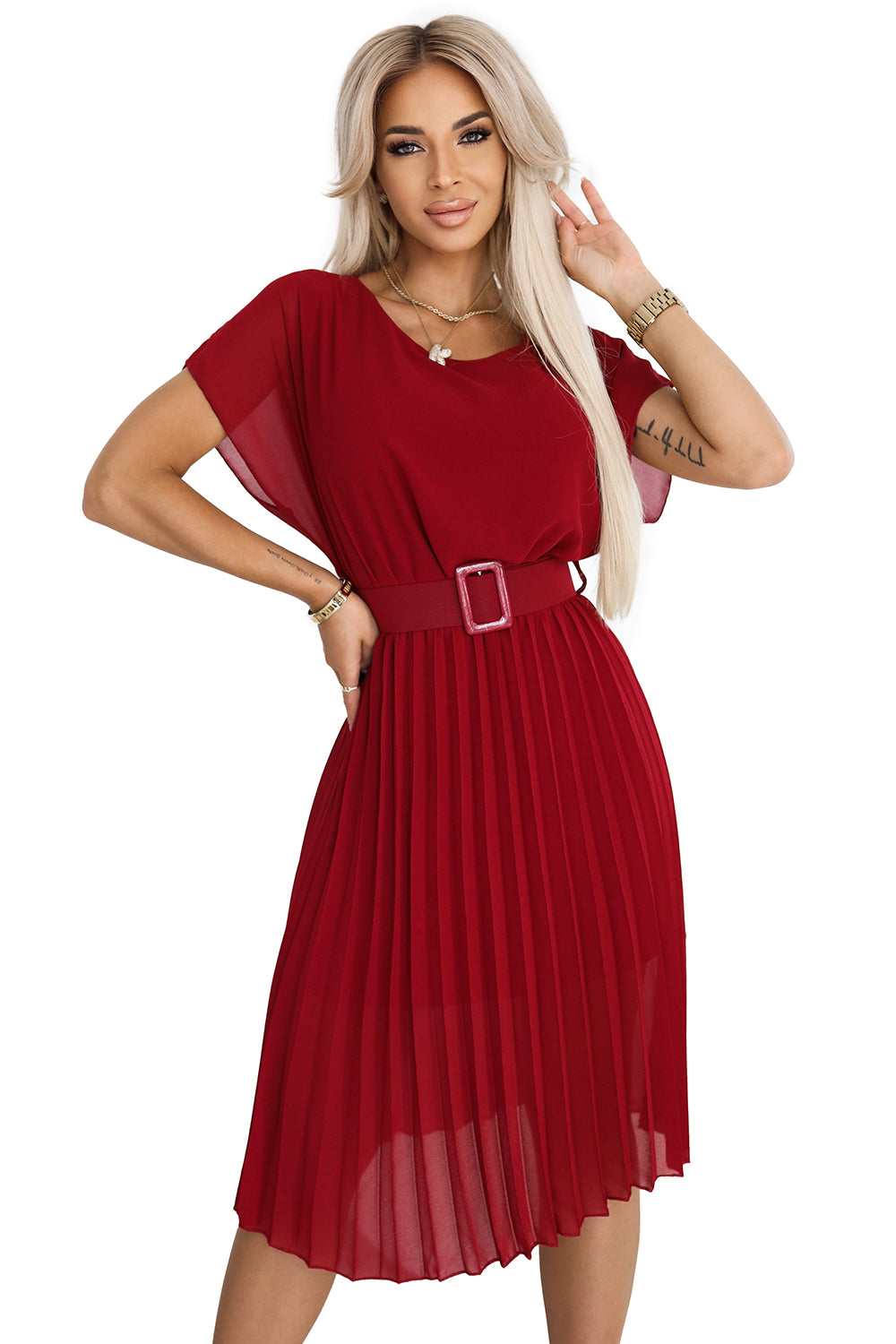 465-5 MIA Pleated Chiffon Midi Dress with Wide Belt - Burgundy