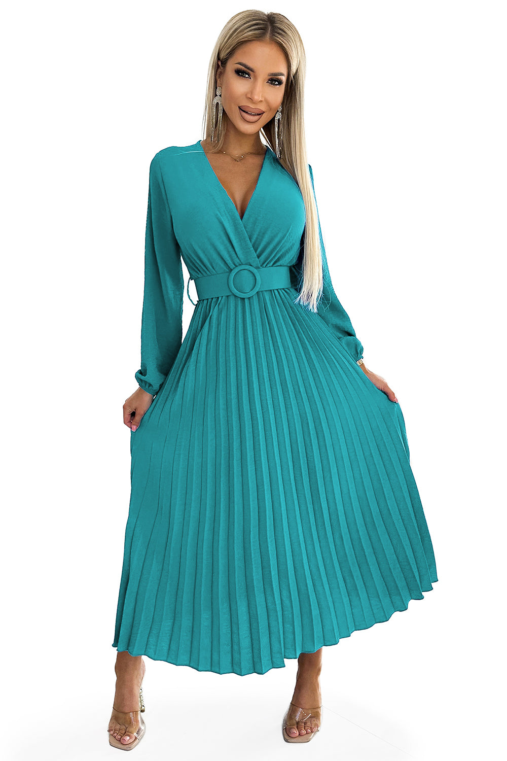 504-6 VIVIANA Pleated midi dress with a neckline; long sleeves and a wide belt - sea color