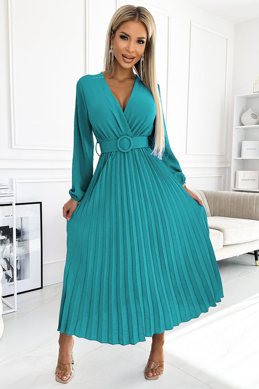 504-6 VIVIANA Pleated midi dress with a neckline; long sleeves and a wide belt - sea color