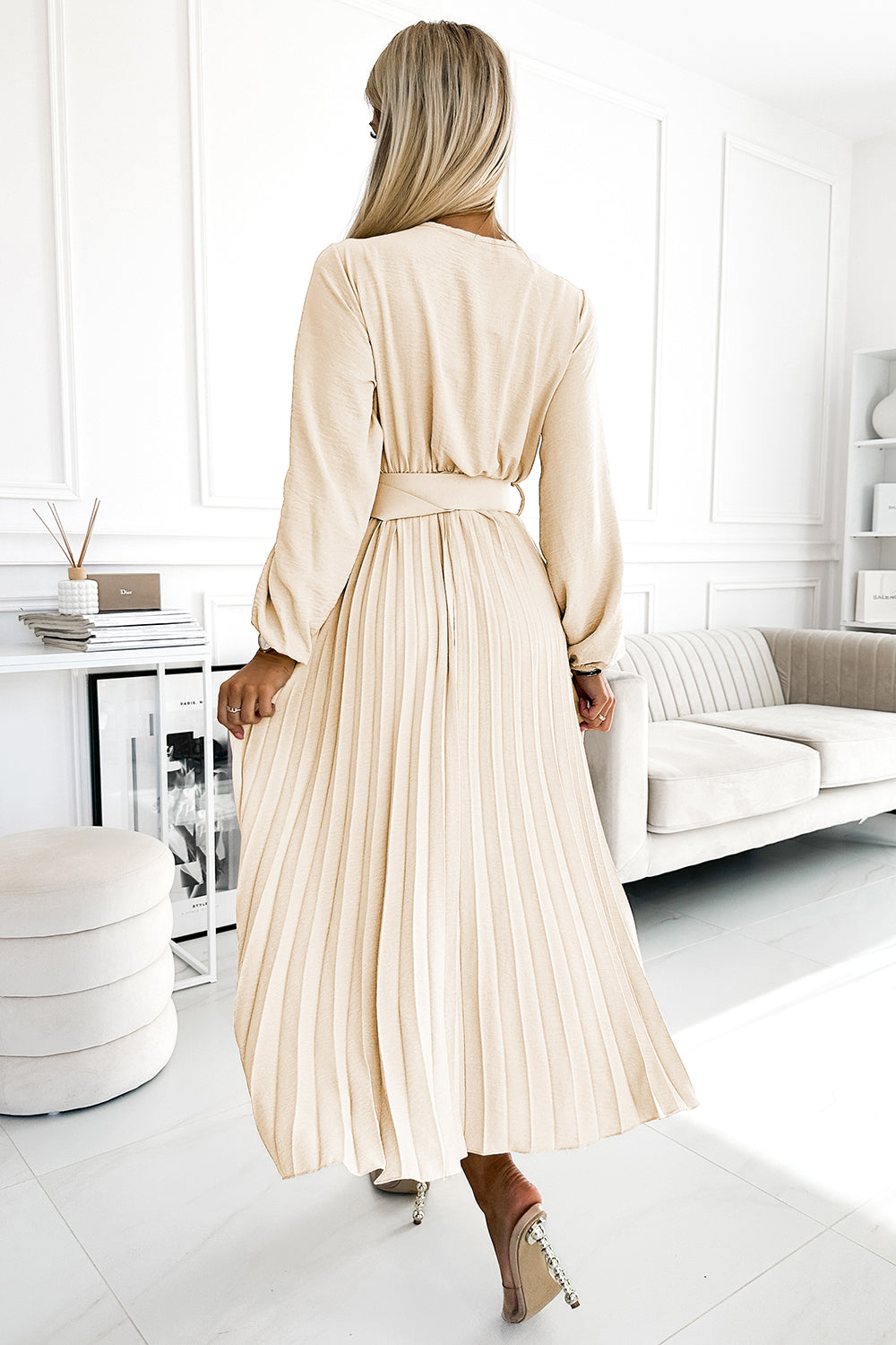 504-7 VIVIANA Pleated midi dress with scoop neckline; long sleeves and wide belt - light beige
