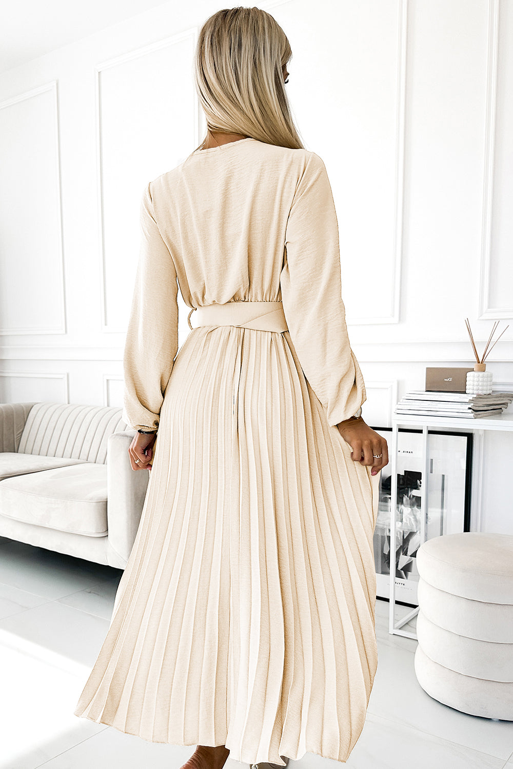 504-7 VIVIANA Pleated midi dress with scoop neckline; long sleeves and wide belt - light beige