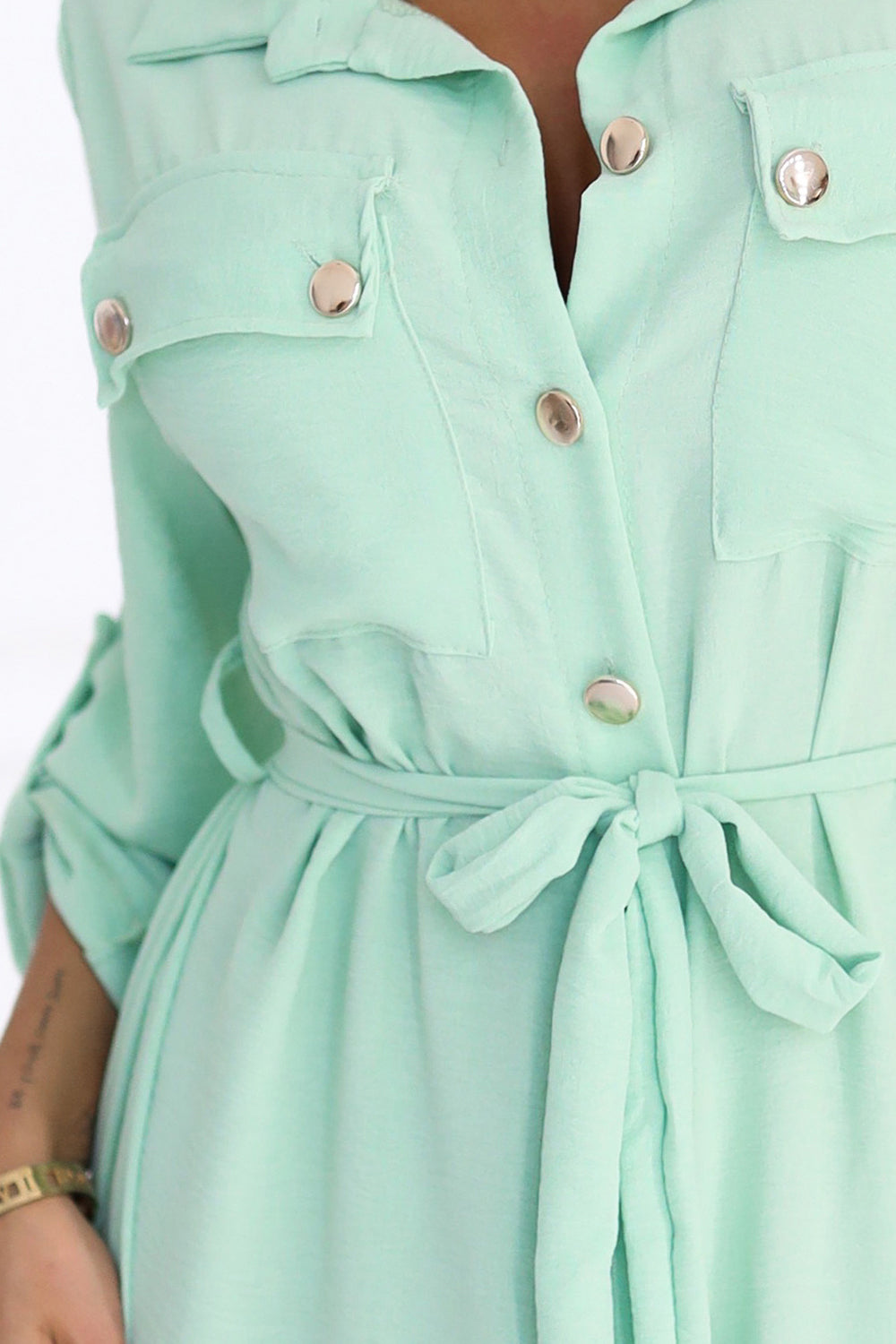531-4 Midi Shirt Dress with Gold Buttons and Tie - Light Mint