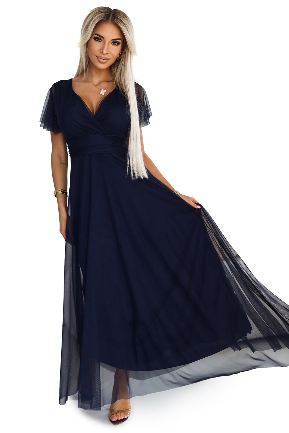 562-1 NASTIA Long dress with neckline and short sleeves - navy blue