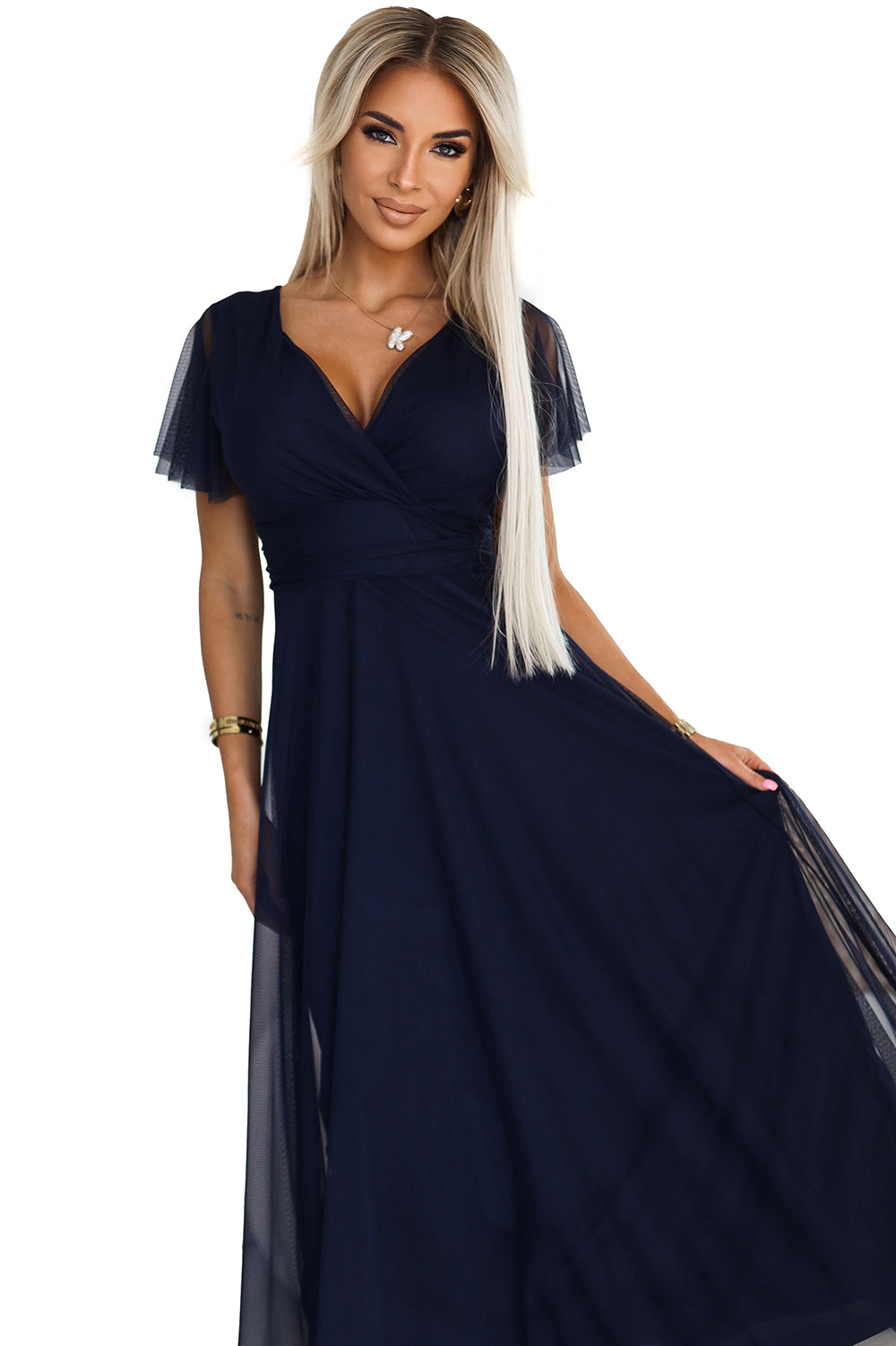 562-1 NASTIA Long dress with neckline and short sleeves - navy blue