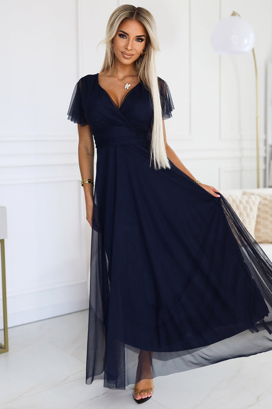 562-1 NASTIA Long dress with neckline and short sleeves - navy blue