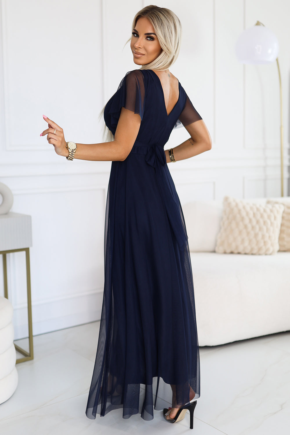 562-1 NASTIA Long dress with neckline and short sleeves - navy blue