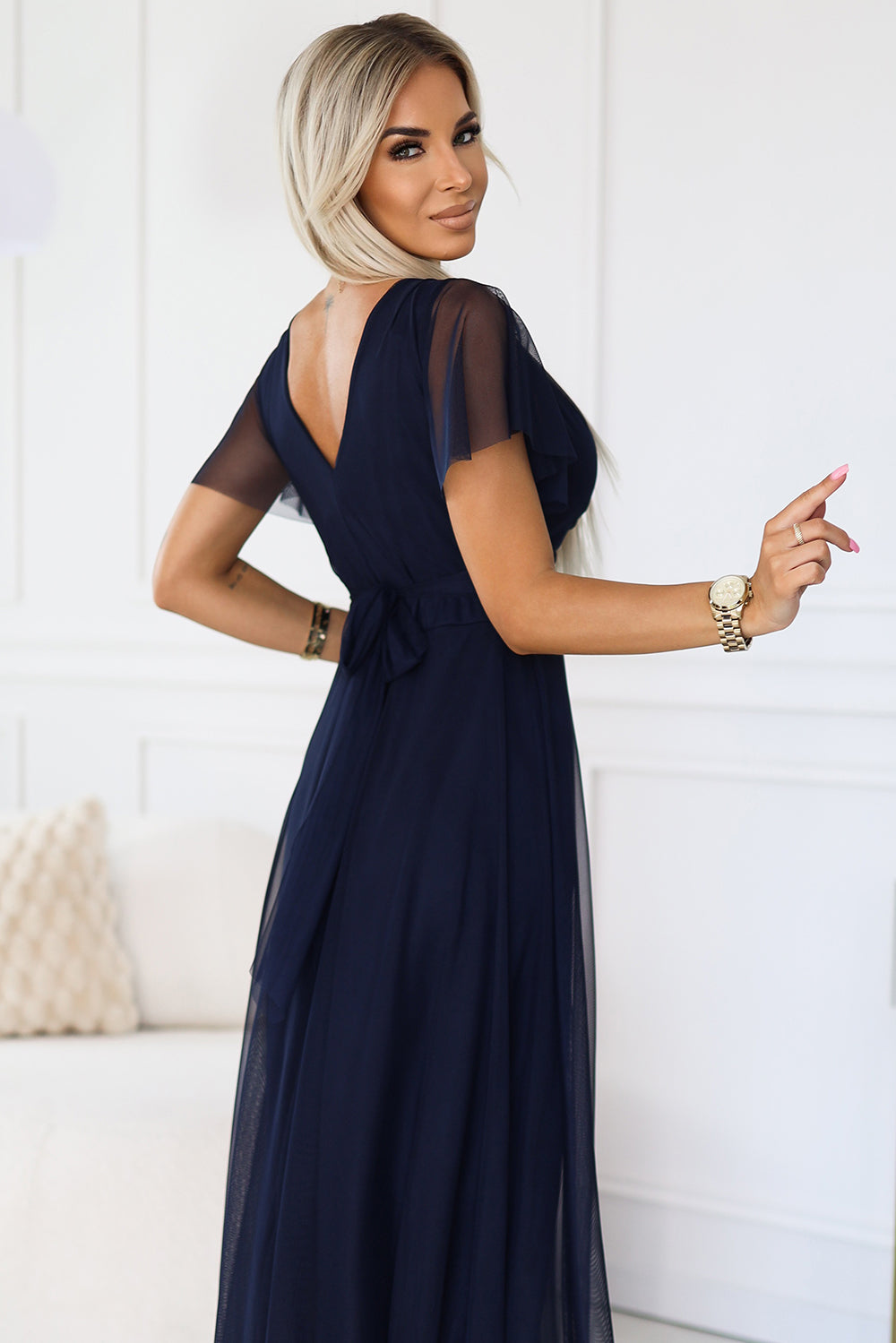 562-1 NASTIA Long dress with neckline and short sleeves - navy blue