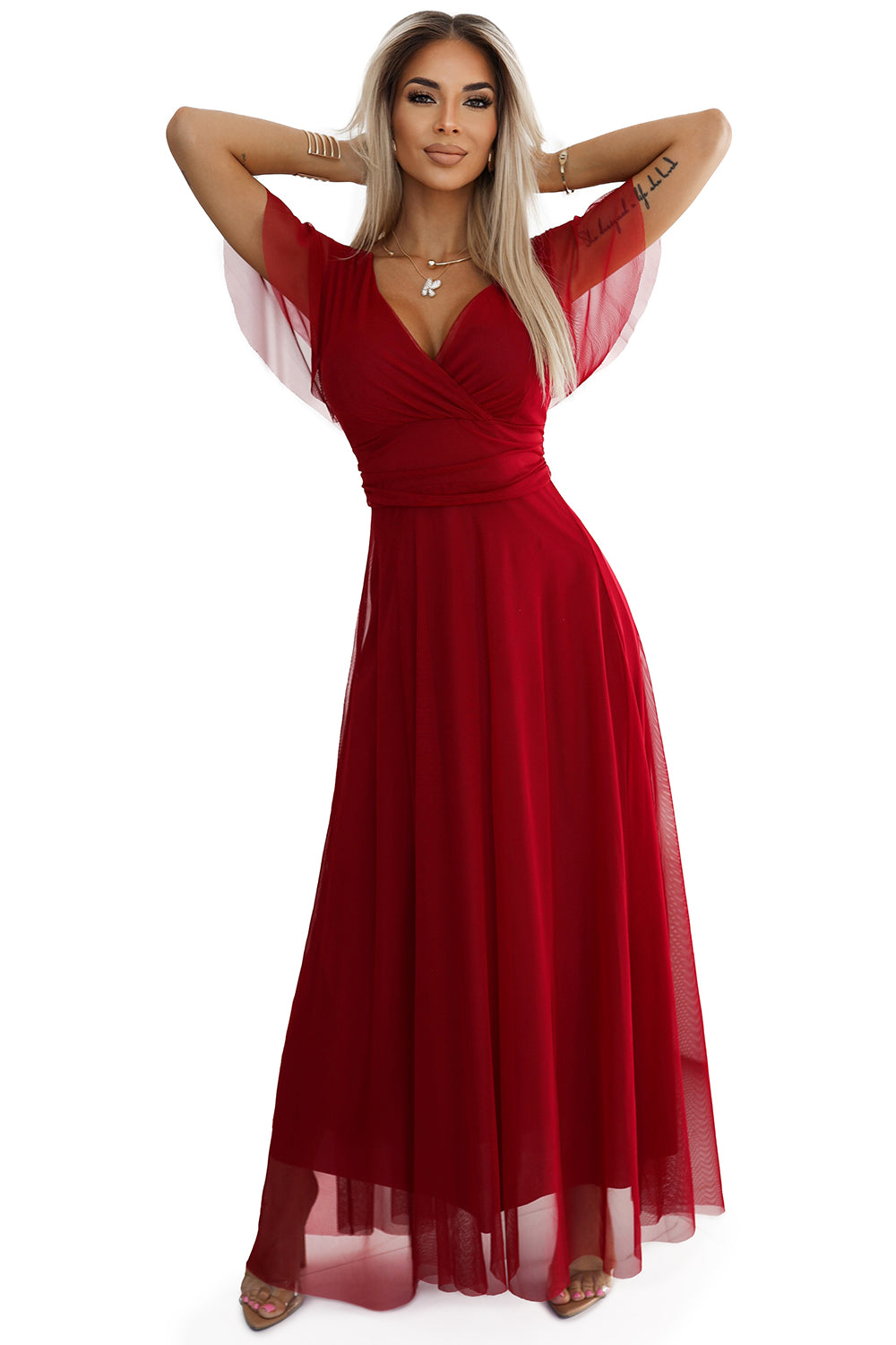 562-2 NASTIA Long dress with neckline and short sleeves - burgundy