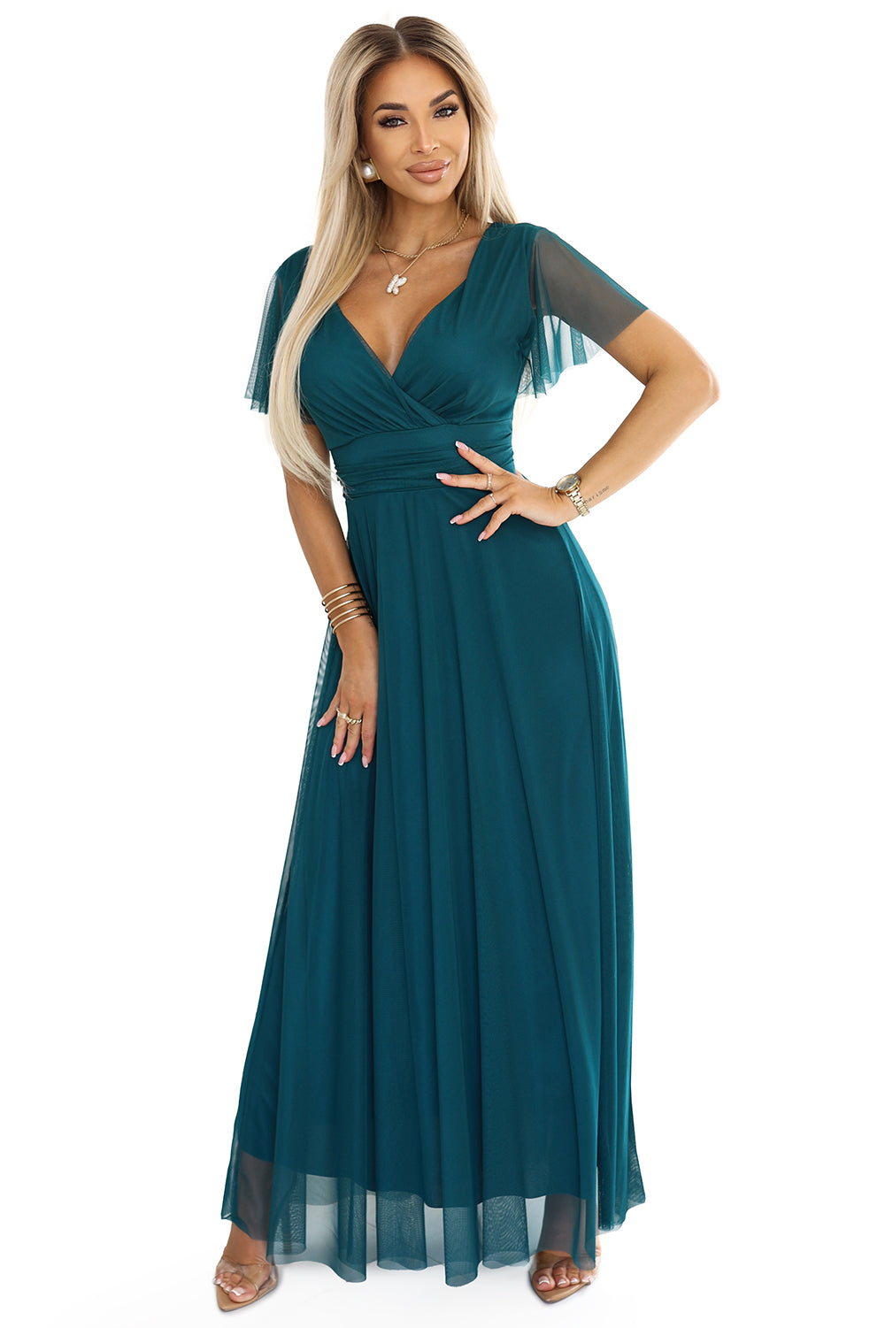 562-4 NASTIA Long dress with a neckline and short sleeves - green