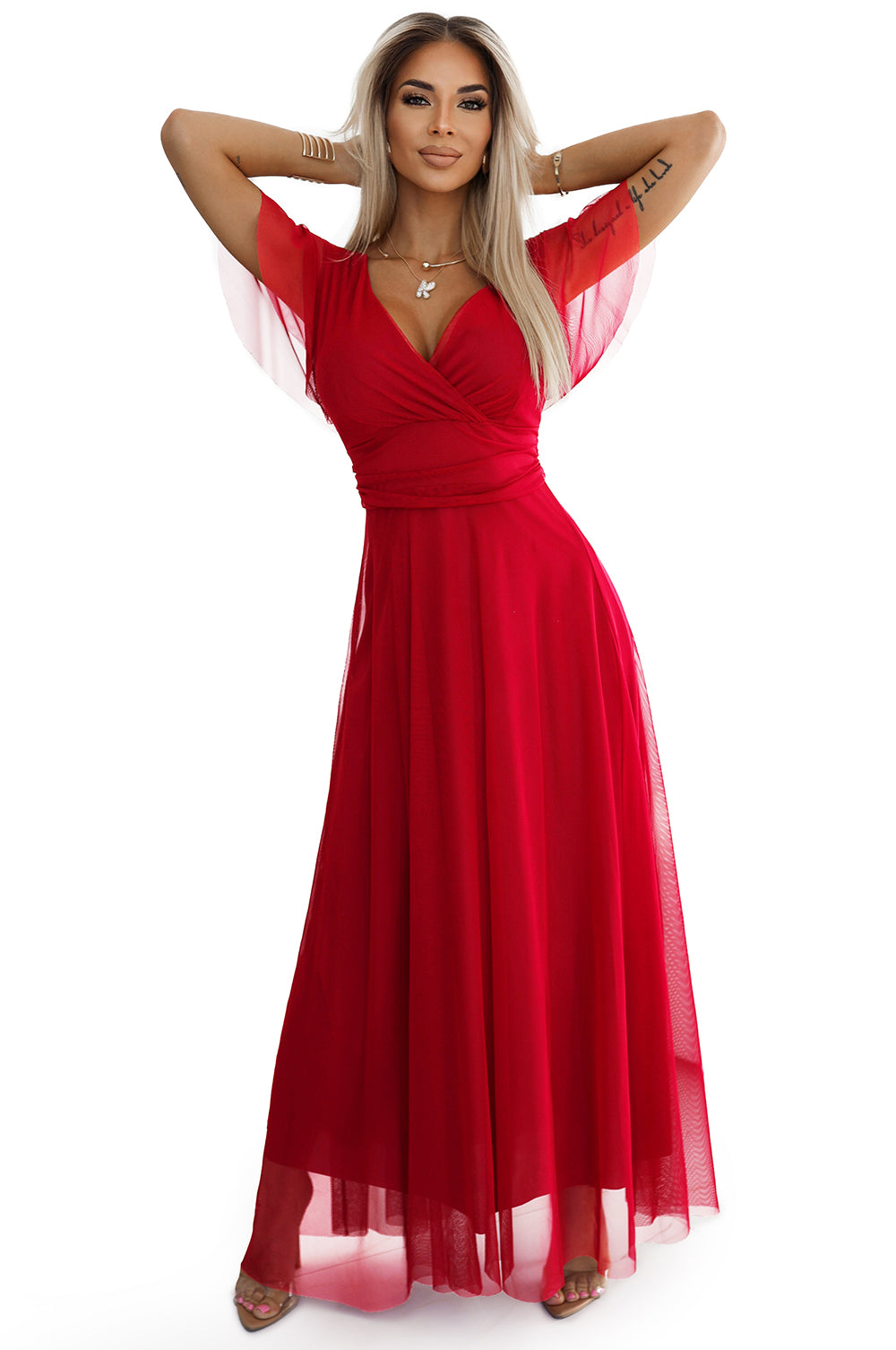 562-7 NASTIA Long dress with a neckline and short sleeves - red