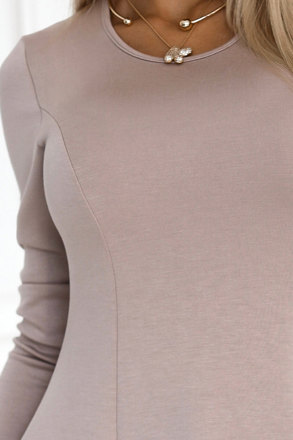 567-1 Comfortable long sleeve trapeze dress - beige