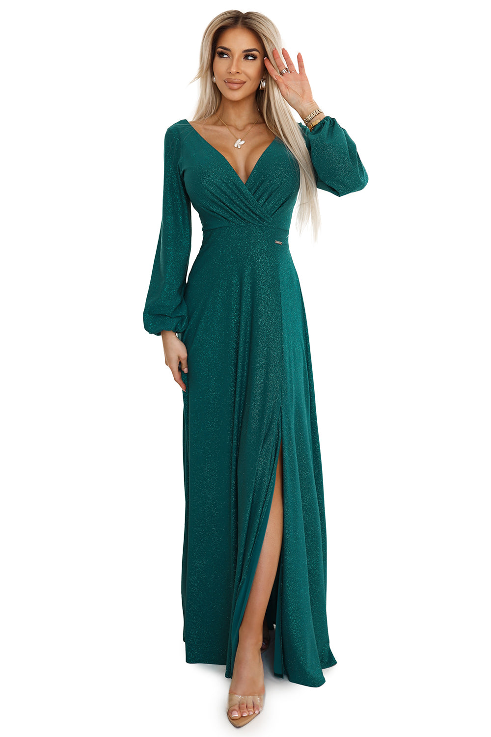 572-4 NELA shiny long dress with neckline; long sleeves and leg slit - green