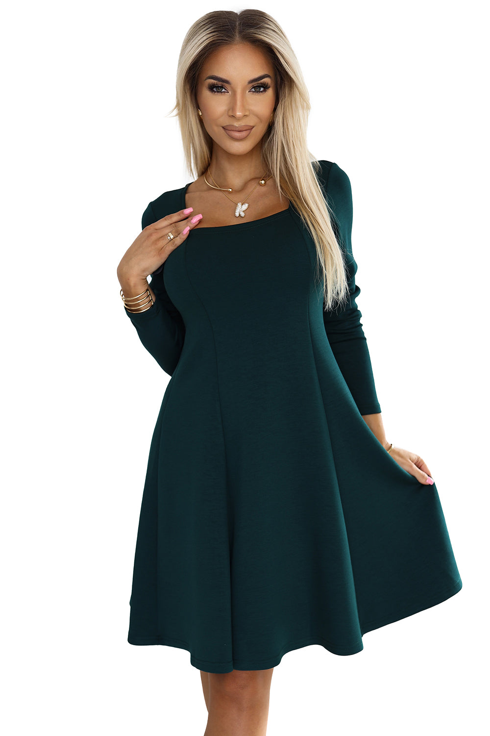 574-1 IVANA comfortable trapeze dress with a neckline and long sleeves - green
