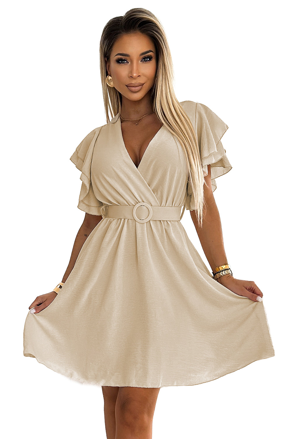 586-1 Women's dress with envelope neckline; sleeves and belt - beige