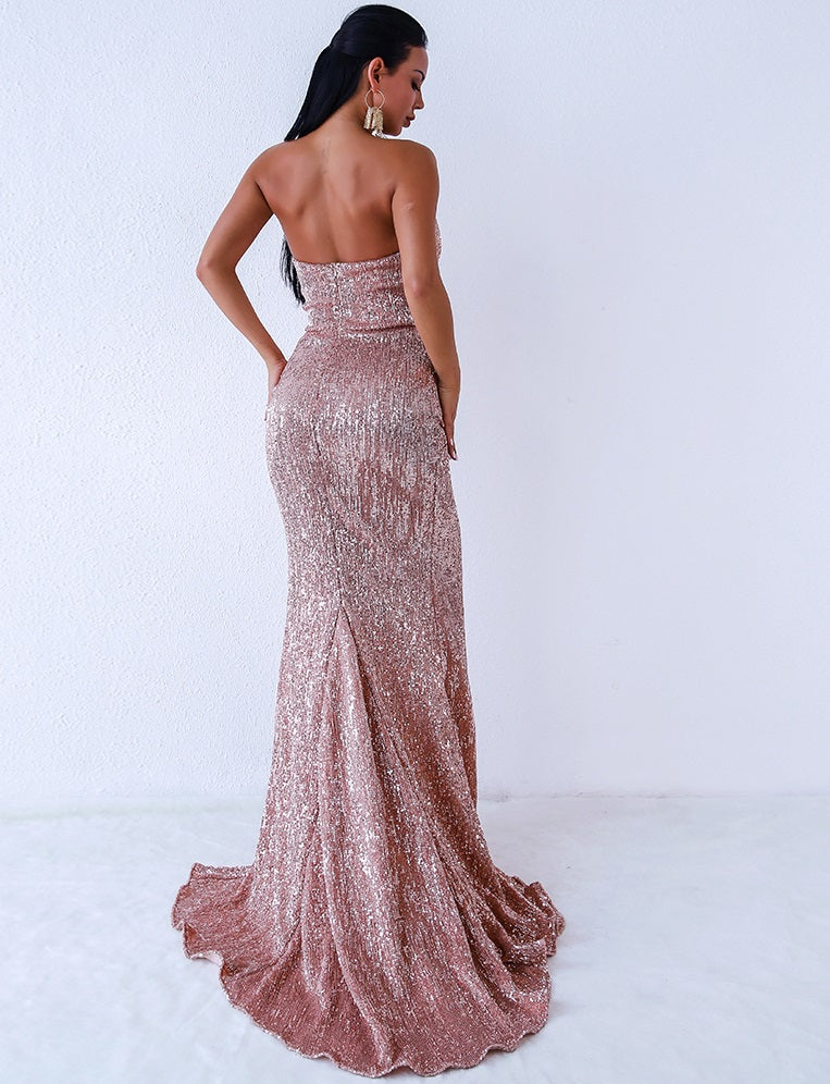 Champagne Gold evening gown back view DeeCee Dress Room